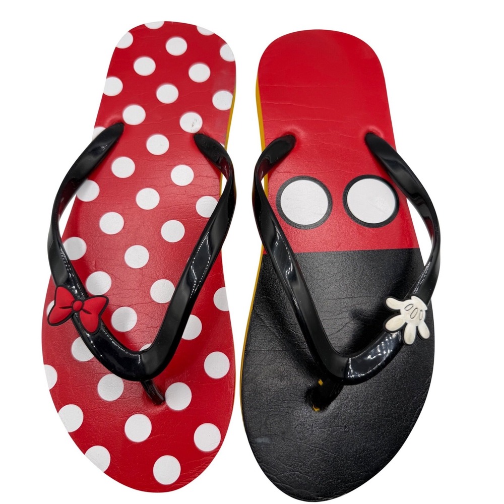 Disney Mickey Minnie Mouse Mismatched Flip Flops Red Polka Dot Mens 7-8 Mens